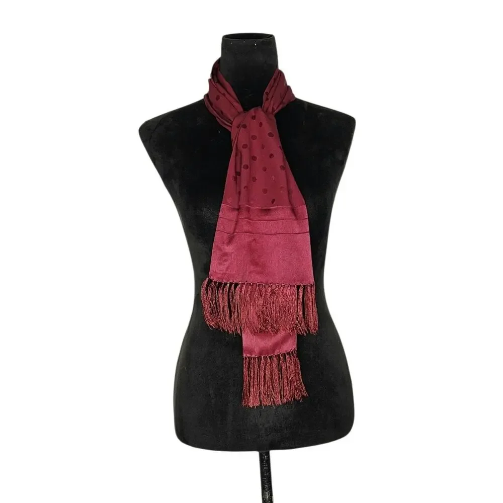 Aquascutum 100% Silk Polka Dot Fringe Scarf Made in Italy Designer Luxury 9x50
